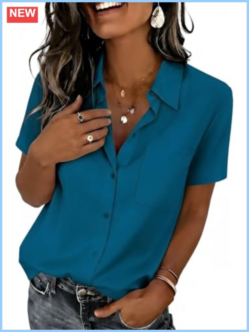 Women's Short Sleeve Button Down Blouse V-Neck Wrinkle Resistant 92% Polyester